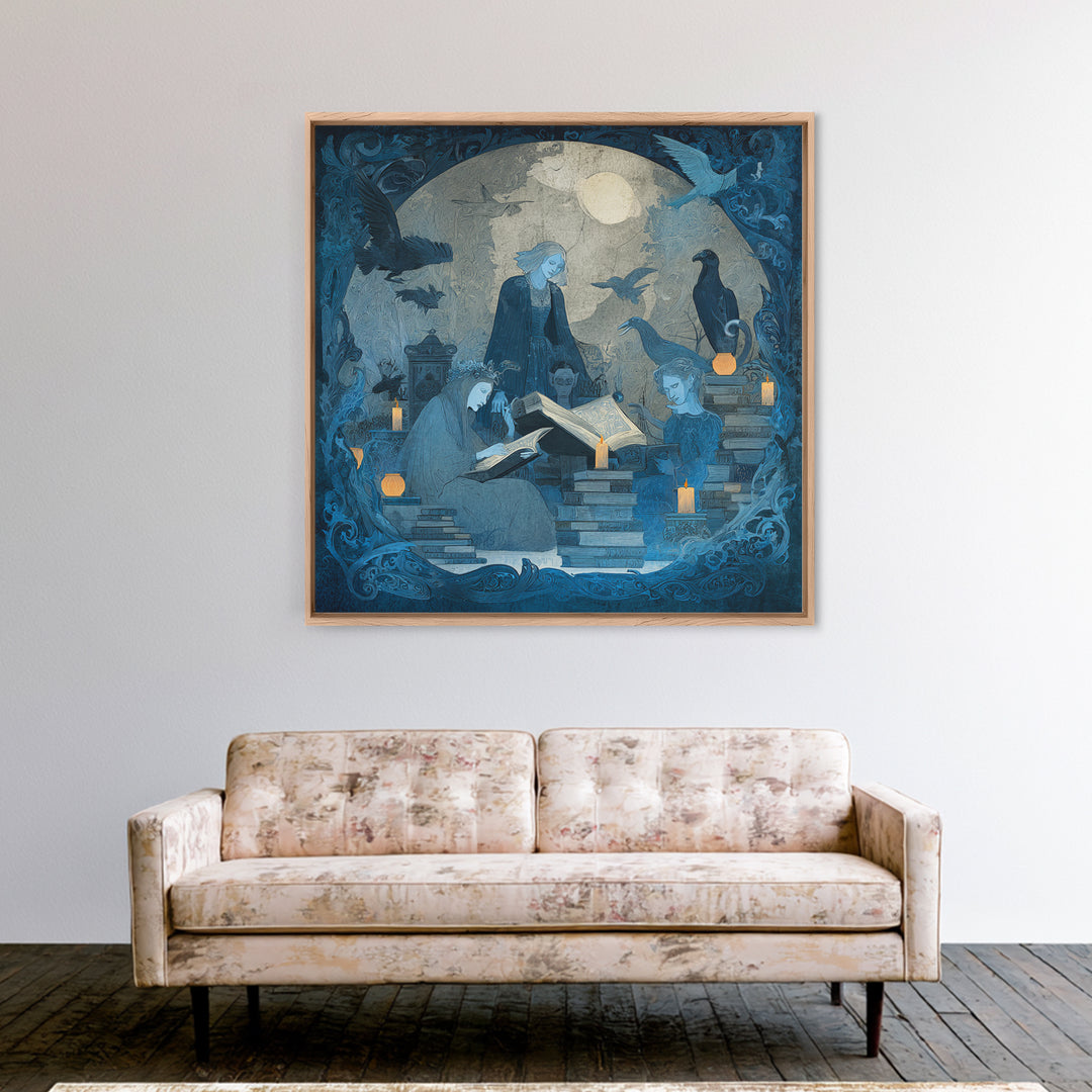 The Graveyard Book Club, Dark Symbolist Art, Square Wall Art, Macabre Wall Art, Framed Canvas Print, Halloween Wall Art