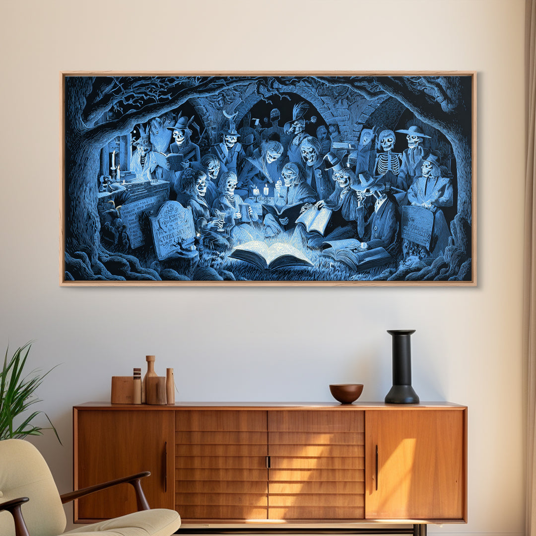 The Graveyard Book Club, Macabre Folk Print Art, Wide Panoramic Art, Macabre Wall Art, Canvas Print, Halloween Wall Art