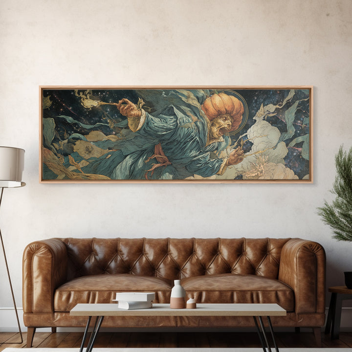The Cosmic Pumpkin God, Dark Renaissance Art, Extra Wide Wall Art, Macabre Wall Art, Framed Canvas Print, Halloween Wall Art