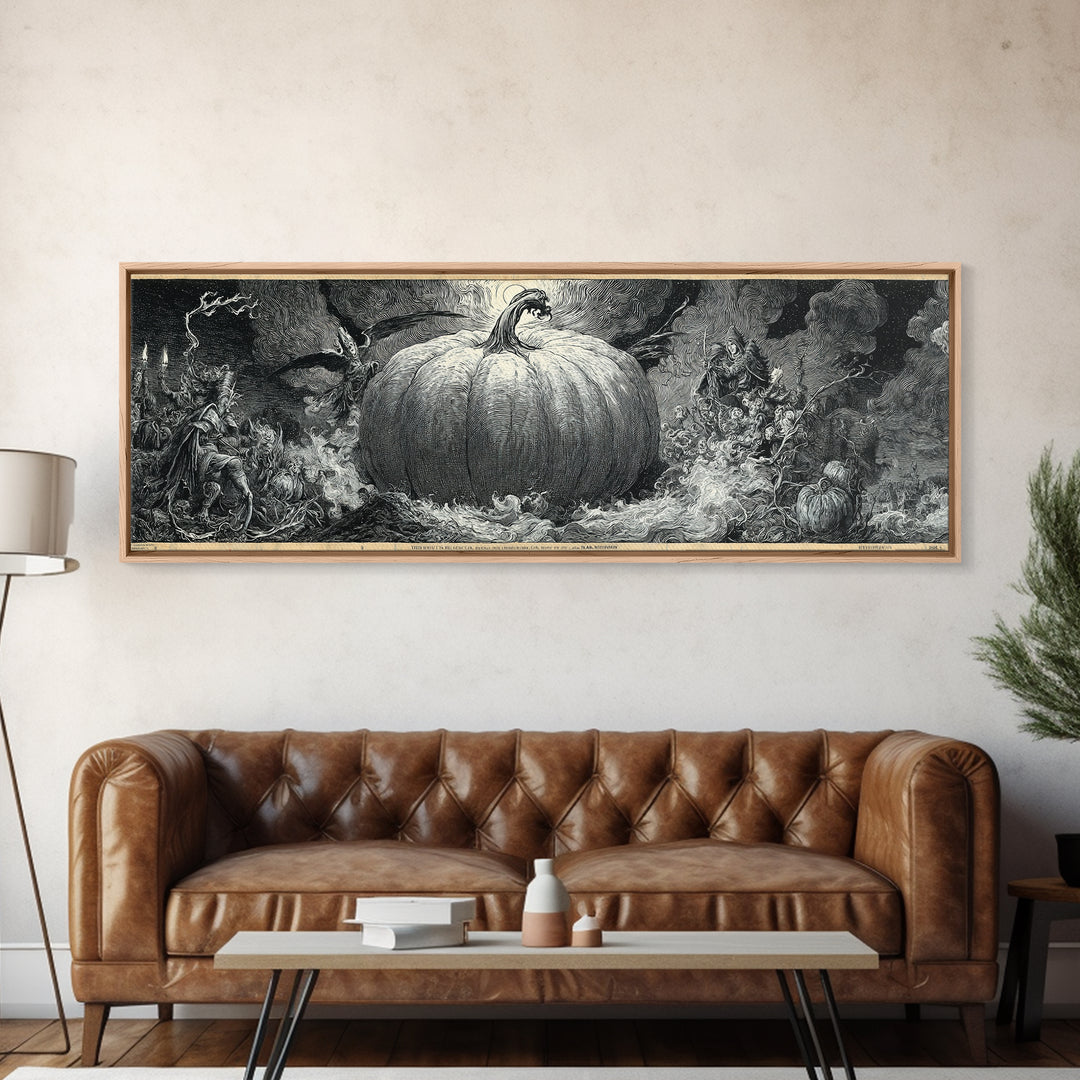 The Cosmic Pumpkin God, Renaissance Engraving Art, Extra Wide Wall Art, Macabre Wall Art, Framed Canvas Print, Halloween Wall Art