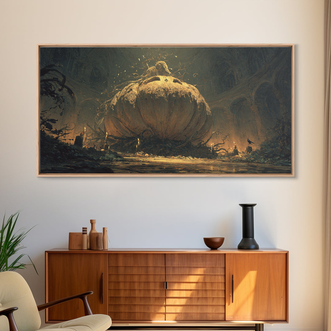 The Cosmic Pumpkin God, Dark Romantic Horror Art, Wide Panoramic Art, Gothic Horror Wall Art, Framed Canvas Print, Halloween Wall Art