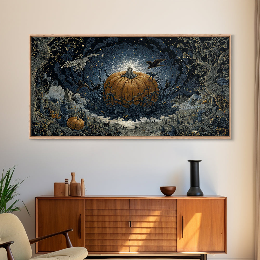 The Cosmic Pumpkin God, Romantic Gothic Landscape, Wide Panoramic Art, Macabre Wall Art, Framed Canvas Print, Halloween Wall Art