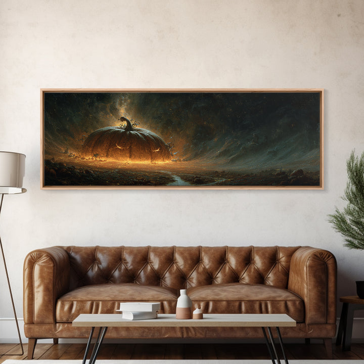 The Cosmic Pumpkin God, Apocalyptic Romantic Art, Extra Wide Wall Art, Macabre Wall Art, Framed Canvas Print, Halloween Wall Art