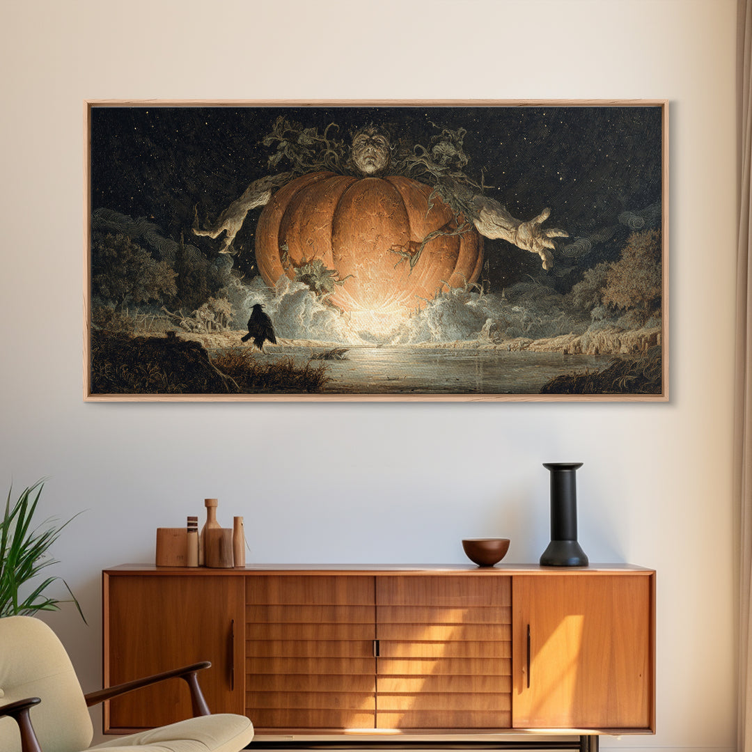 The Cosmic Pumpkin God, Symbolist Gothic Landscape, Wide Panoramic Art, Dark Halloween Decor, Canvas Print, Halloween Wall Art