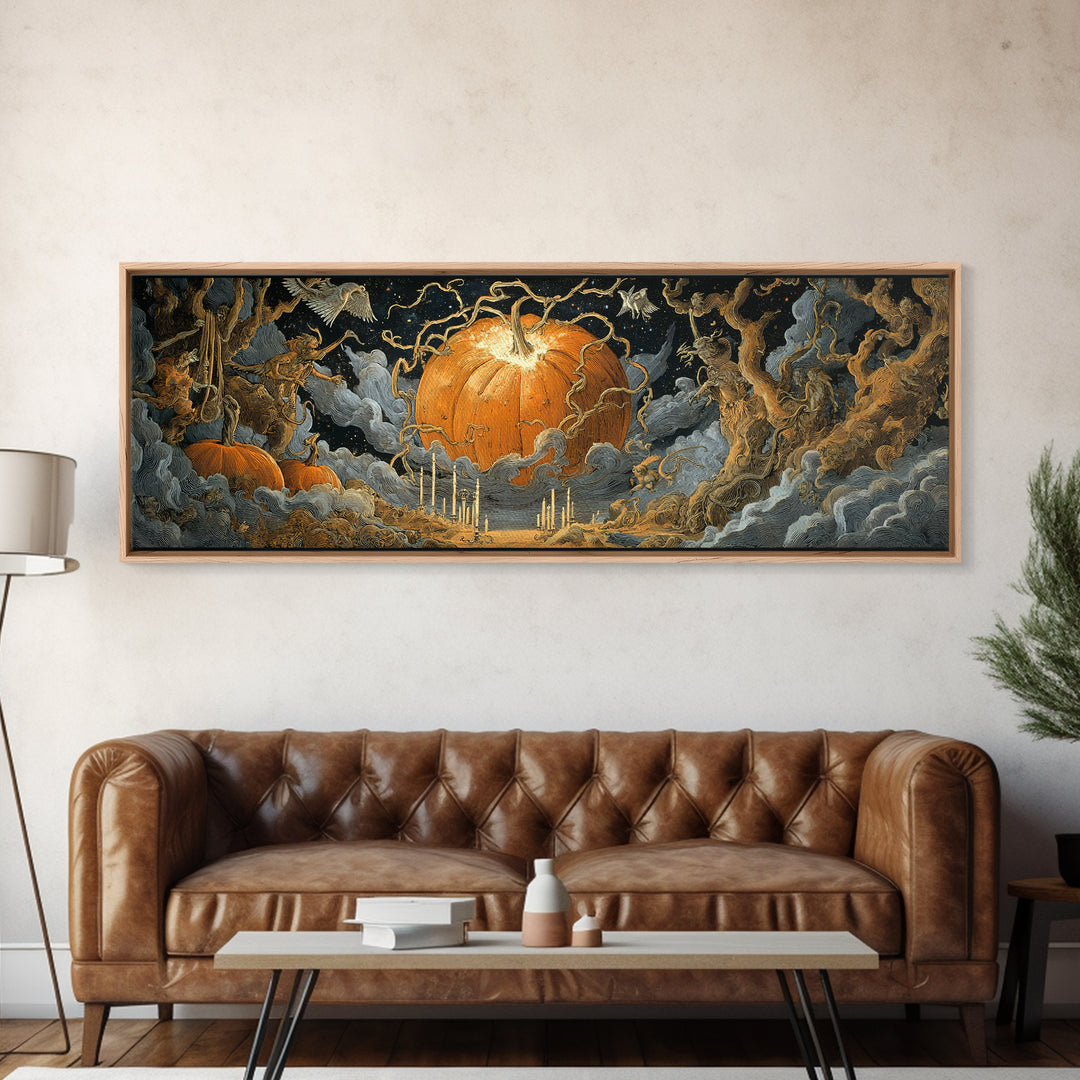 The Cosmic Pumpkin God, Symbolist Etching Art, Extra Wide Wall Art, Dark Halloween Decor, Framed Canvas Print, Halloween Wall Art