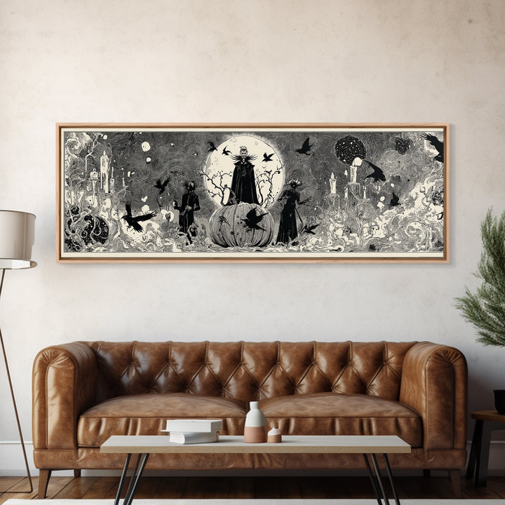 The Cosmic Pumpkin God, Decadent Line Art, Extra Wide Wall Art, Gothic Horror Wall Art, Canvas Print, Halloween Wall Art