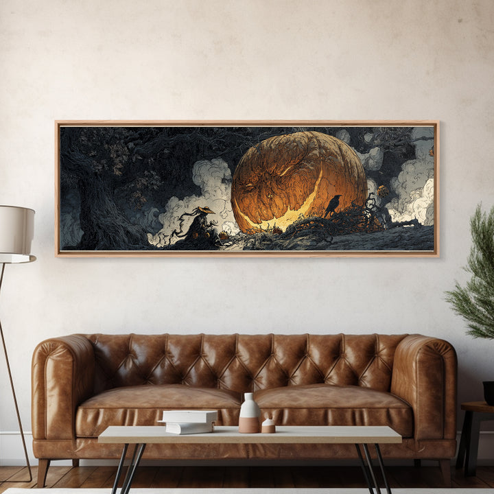 The Cosmic Pumpkin God, Gothic Storybook Art, Extra Wide Wall Art, Dark Fantasy Wall Art, Framed Canvas Print, Halloween Wall Art