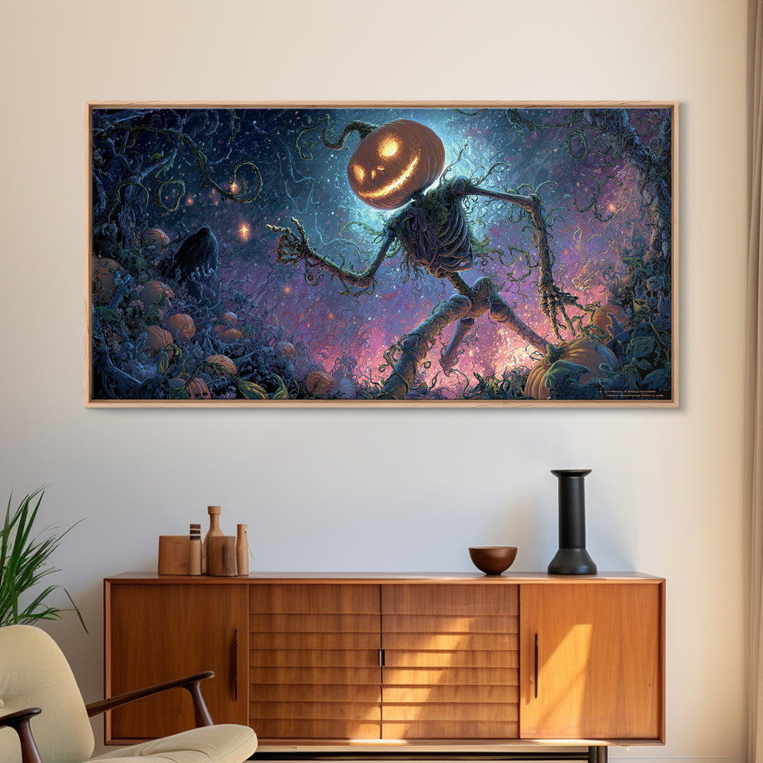 The Cosmic Pumpkin God, Macabre Folk Print Art, Wide Panoramic Art, Macabre Wall Art, Framed Canvas Print, Halloween Wall Art