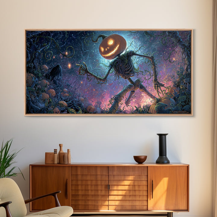 The Cosmic Pumpkin God, Macabre Folk Print Art, Wide Panoramic Art, Macabre Wall Art, Framed Canvas Print, Halloween Wall Art