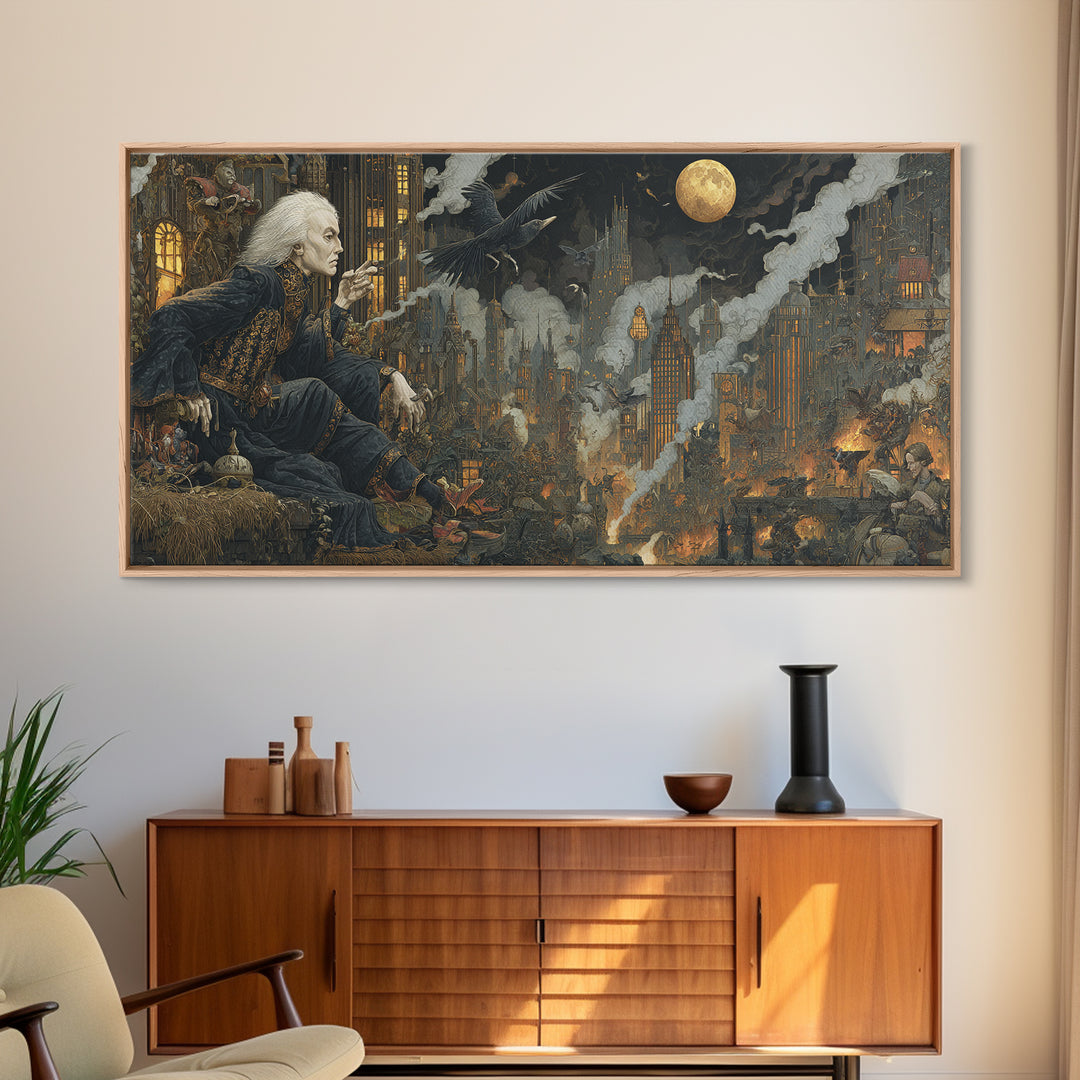 The Haunted City Skyline, Medieval Grotesque Art, Wide Panoramic Art, Dark Halloween Decor, Canvas Print, Halloween Wall Art