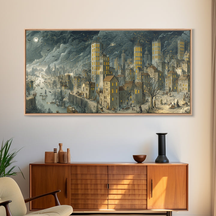 The Haunted City Skyline, Northern Renaissance Horror, Wide Panoramic Art, Gothic Horror Wall Art, Framed Canvas Print