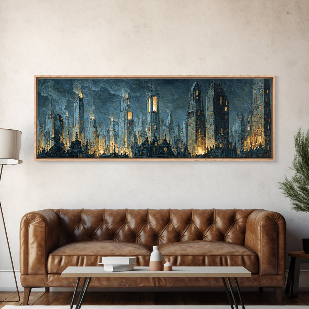 The Haunted City Skyline, Danse Macabre Art, Extra Wide Wall Art, Dark Halloween Decor, Canvas Print, Halloween Wall Art