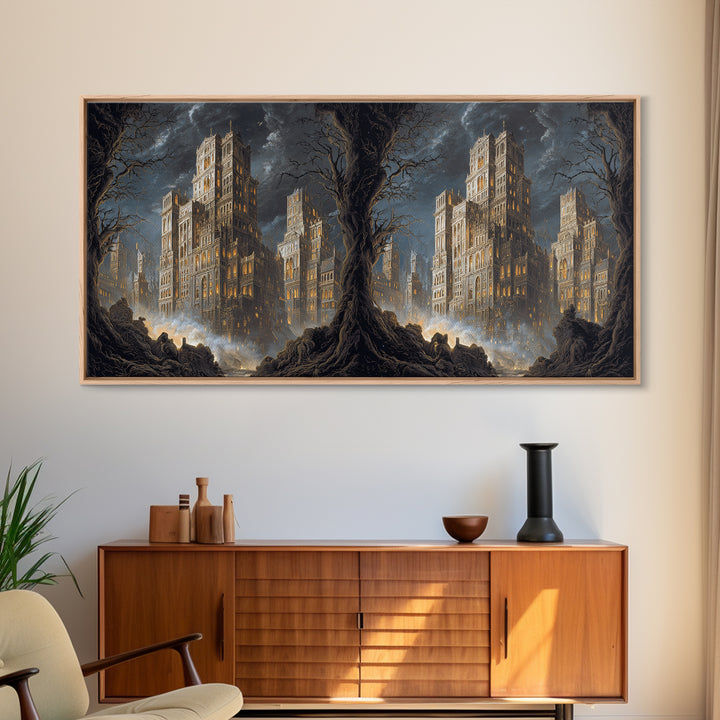 The Haunted City Skyline, Baroque Witchcraft Art, Wide Panoramic Art, Macabre Wall Art, Canvas Print, Halloween Wall Art