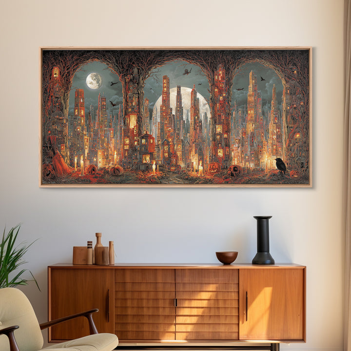 The Haunted City Skyline, Apocalyptic Romantic Art, Wide Panoramic Art, Macabre Wall Art, Canvas Print, Halloween Wall Art
