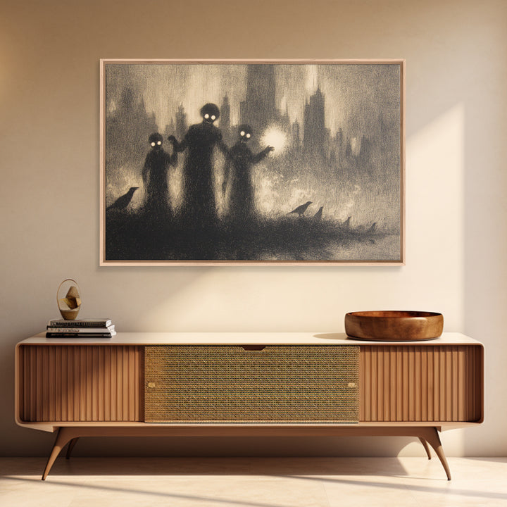 The Haunted City Skyline, Symbolist Dream Art, Landscape Wall Art, Dark Halloween Decor, Framed Canvas Print, Halloween Wall Art