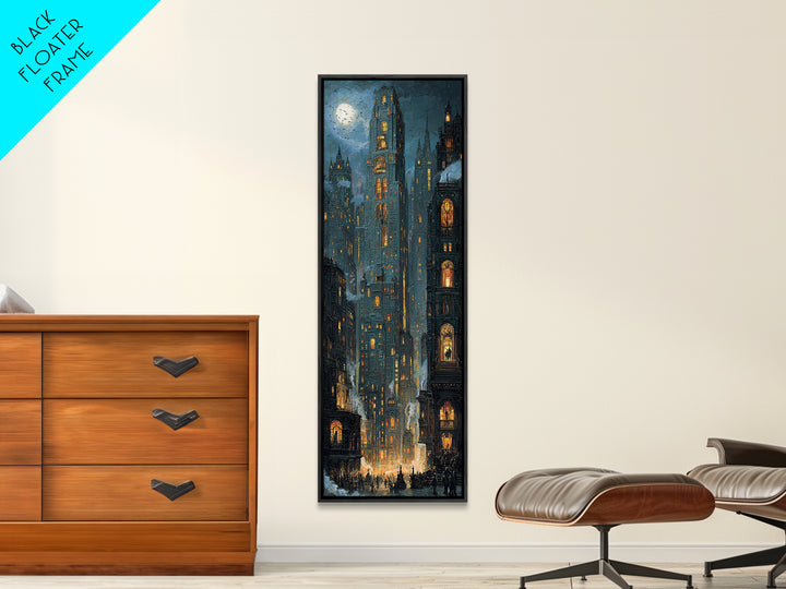 The Haunted City Skyline, Ornate Symbolist Art, Tall Narrow Wall Art, Gothic Horror Wall Art, Framed Canvas Print, Halloween Wall Art