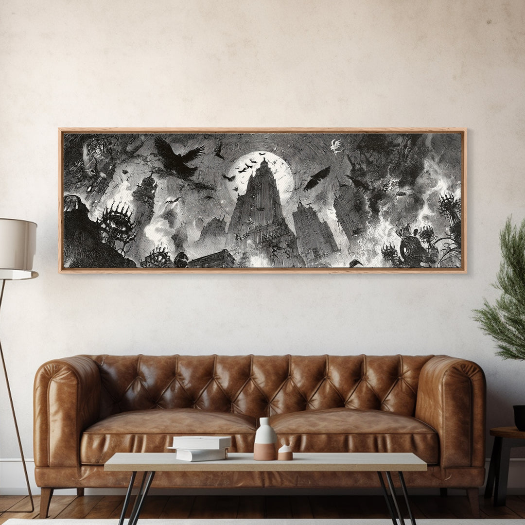 The Haunted City Skyline, Decadent Gothic Art, Extra Wide Wall Art, Macabre Wall Art, Canvas Print, Halloween Wall Art