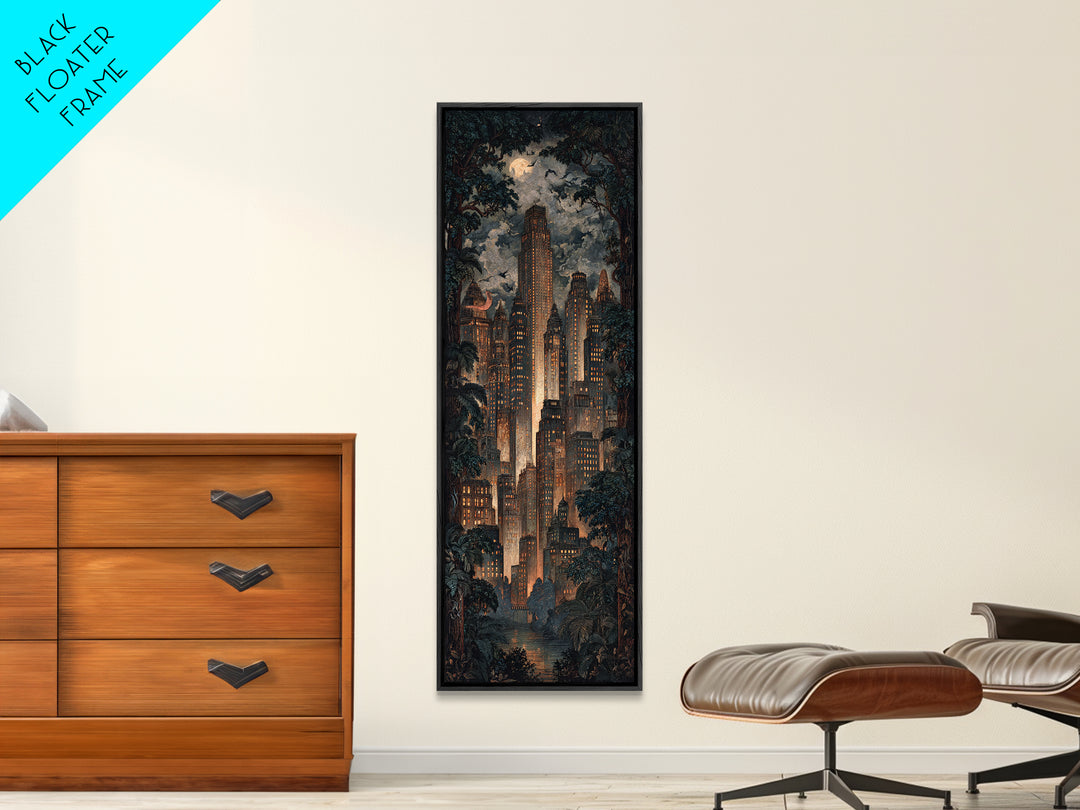 The Haunted City Skyline, Dark Symbolist Art, Tall Narrow Wall Art, Dark Fantasy Wall Art, Framed Canvas Print, Halloween Wall Art