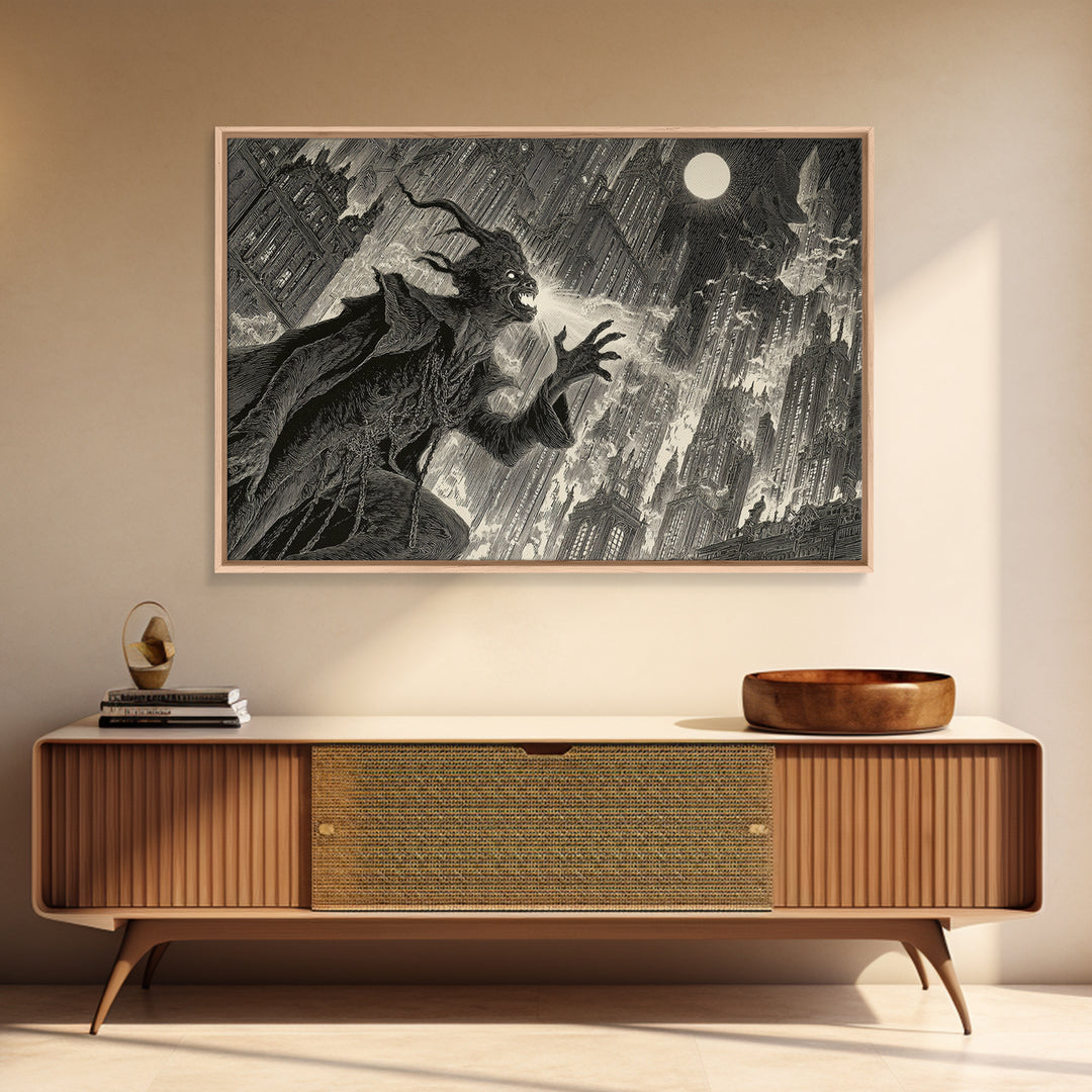 The Haunted City Skyline, Symbolist Etching Art, Landscape Wall Art, Dark Halloween Decor, Canvas Print, Halloween Wall Art