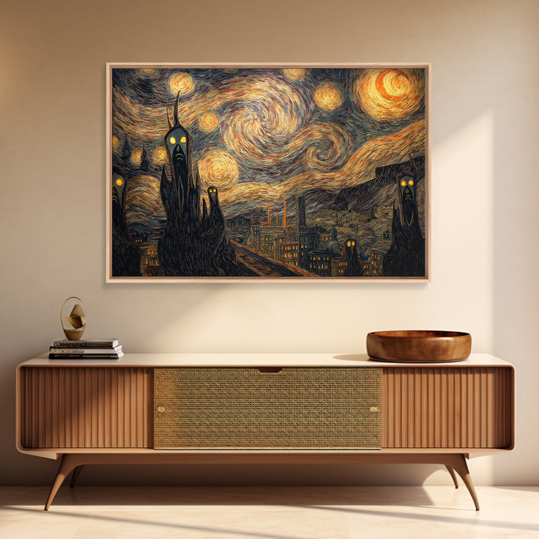 The Haunted City Skyline, Expressionist Gothic Art, Landscape Wall Art, Dark Halloween Decor, Canvas Print, Halloween Wall Art