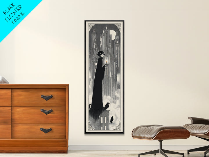 The Haunted City Skyline, Decadent Line Art, Tall Narrow Wall Art, Macabre Wall Art, Framed Canvas Print, Halloween Wall Art