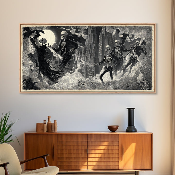 The Haunted City Skyline, Macabre Folk Print Art, Wide Panoramic Art, Gothic Horror Wall Art, Canvas Print, Halloween Wall Art