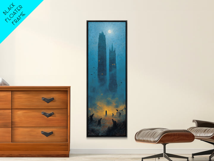 The Haunted City Skyline, Surreal Apocalyptic Art, Tall Narrow Wall Art, Dark Halloween Decor, Framed Canvas Print