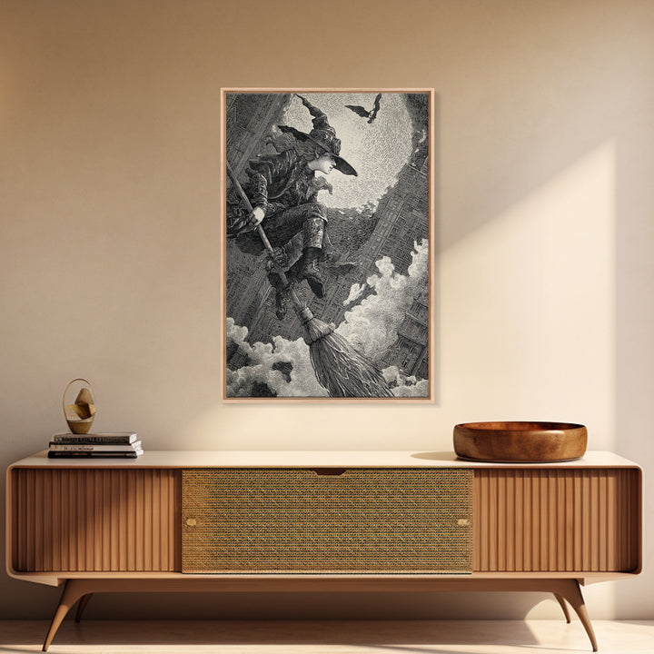 The Cyberpunk Witch, Renaissance Engraving Art, Vertical Wall Art, Dark Fantasy Wall Art, Framed Canvas Print, Halloween Wall Art