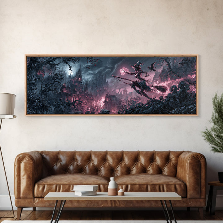 The Cyberpunk Witch, Baroque Witchcraft Art, Extra Wide Wall Art, Dark Halloween Decor, Framed Canvas Print, Halloween Wall Art