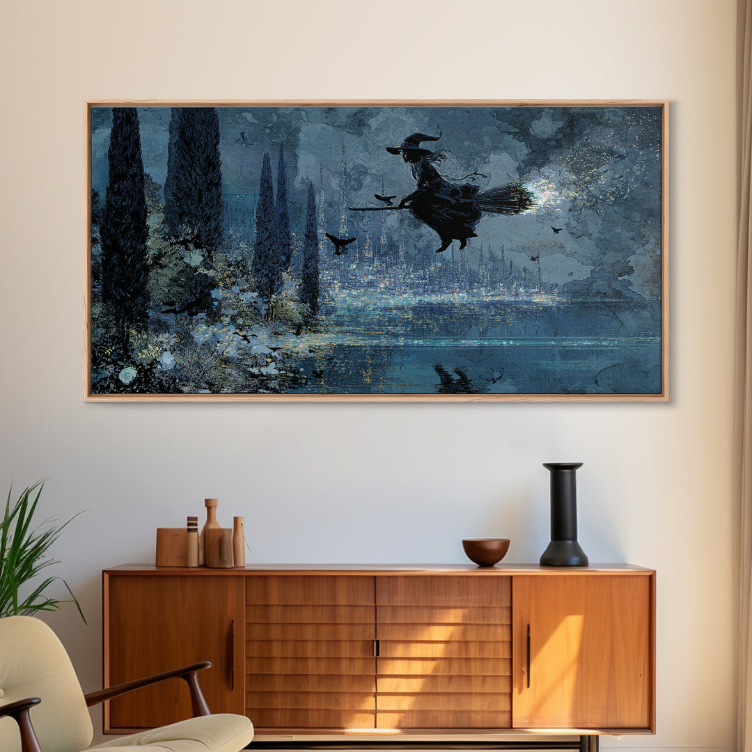The Cyberpunk Witch, Symbolist Gothic Landscape, Wide Panoramic Art, Gothic Horror Wall Art, Framed Canvas Print, Halloween Wall Art
