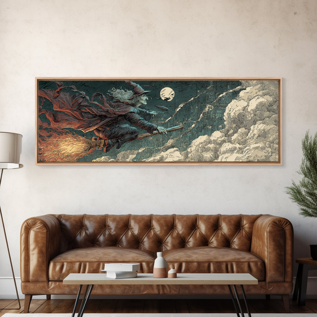 The Cyberpunk Witch, Symbolist Etching Art, Extra Wide Wall Art, Dark Halloween Decor, Canvas Print, Halloween Wall Art