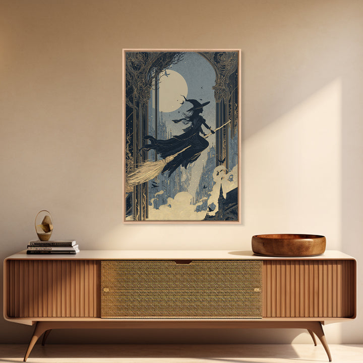 The Cyberpunk Witch, Decadent Line Art, Vertical Wall Art, Dark Fantasy Wall Art, Framed Canvas Print, Halloween Wall Art
