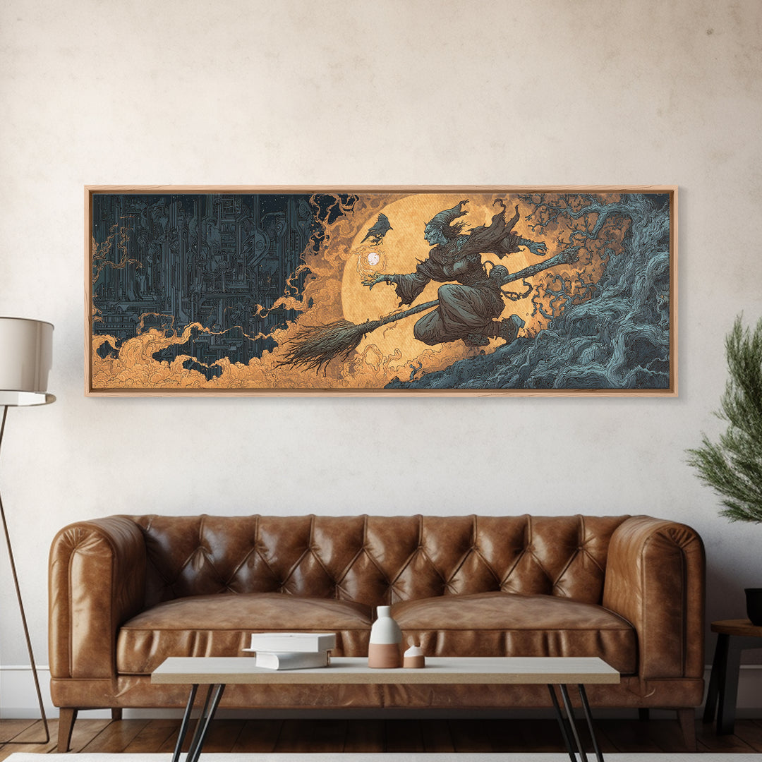 The Cyberpunk Witch, Gothic Storybook Art, Extra Wide Wall Art, Gothic Horror Wall Art, Canvas Print, Halloween Wall Art
