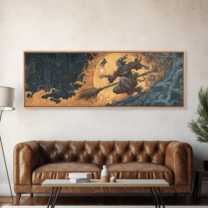The Cyberpunk Witch, Gothic Storybook Art, Extra Wide Wall Art, Gothic Horror Wall Art, Canvas Print, Halloween Wall Art