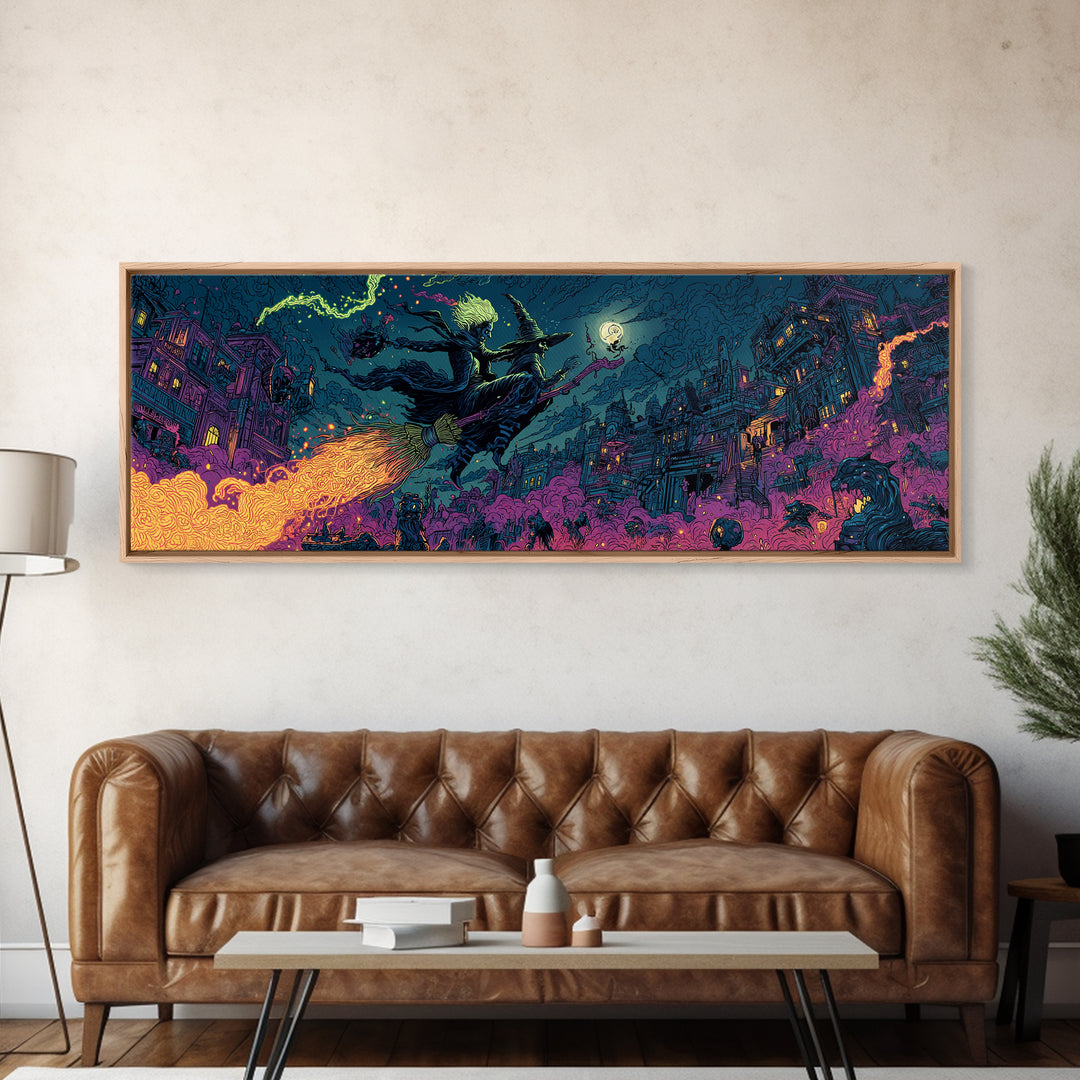 The Cyberpunk Witch, Macabre Folk Print Art, Extra Wide Wall Art, Gothic Horror Wall Art, Framed Canvas Print, Dark Fantasy Art