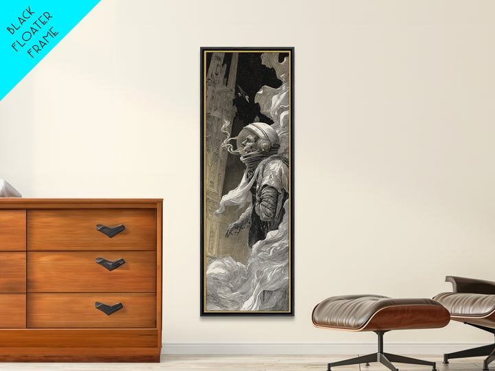 The Astronaut Ghost, Gothic Engraving Art, Tall Narrow Wall Art, Dark Halloween Decor, Framed Canvas Print, Halloween Wall Art
