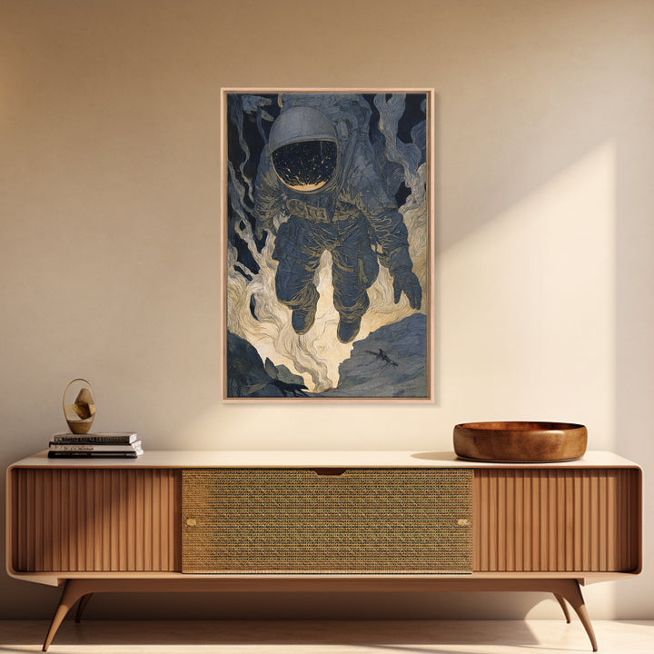 The Astronaut Ghost, Symbolist Etching Art, Vertical Wall Art, Macabre Wall Art, Framed Canvas Print, Halloween Wall Art