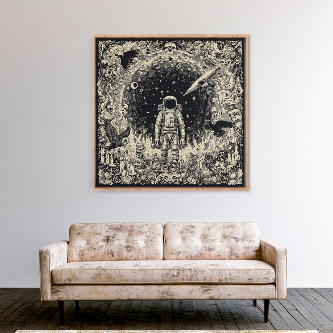 The Astronaut Ghost, Macabre Folk Print Art, Square Wall Art, Dark Halloween Decor, Canvas Print, Halloween Wall Art