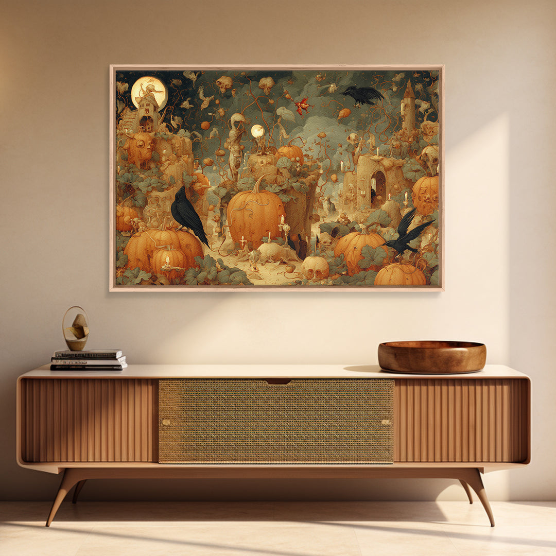 The Alien Pumpkin Patch, Medieval Grotesque Art, Landscape Wall Art, Macabre Wall Art, Canvas Print, Halloween Wall Art