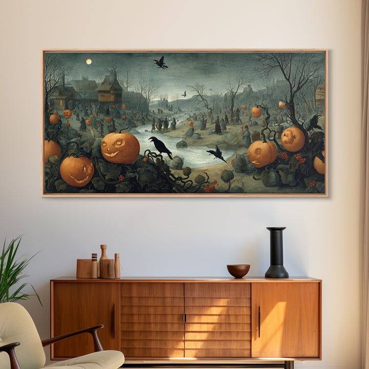 The Alien Pumpkin Patch, Northern Renaissance Horror, Wide Panoramic Art, Dark Halloween Decor, Canvas Print, Halloween Wall Art