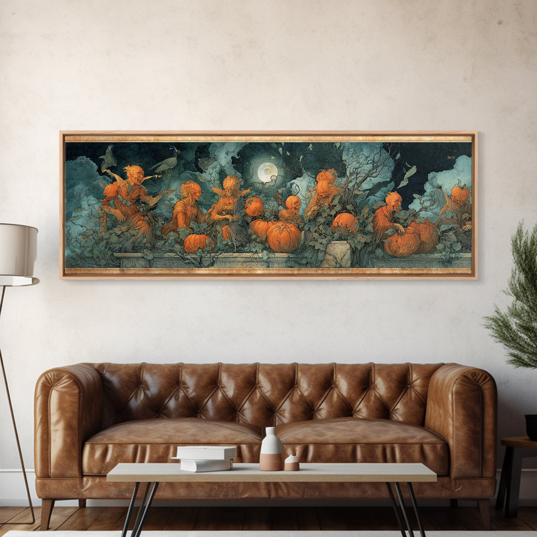 The Alien Pumpkin Patch, Dark Renaissance Art, Extra Wide Wall Art, Macabre Wall Art, Canvas Print, Halloween Wall Art
