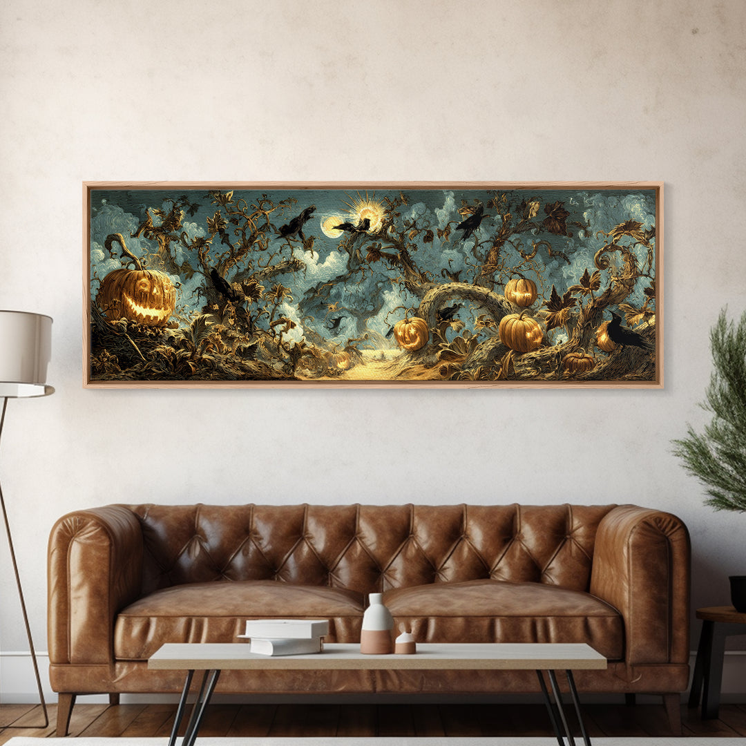 The Alien Pumpkin Patch, Visionary Gothic Art, Extra Wide Wall Art, Dark Halloween Decor, Framed Canvas Print, Halloween Wall Art