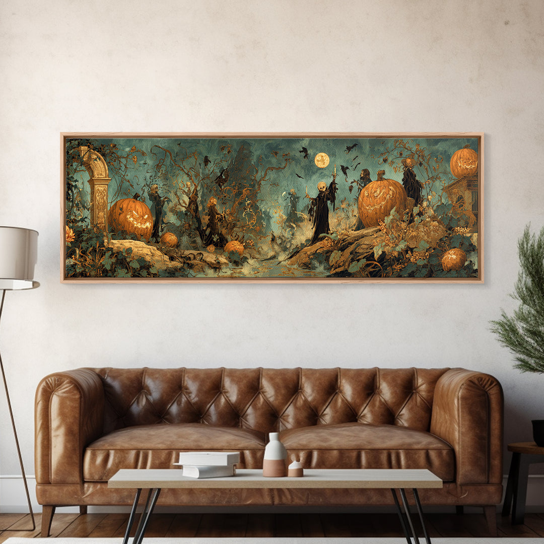 The Alien Pumpkin Patch, Ornate Symbolist Art, Extra Wide Wall Art, Dark Halloween Decor, Canvas Print, Halloween Wall Art
