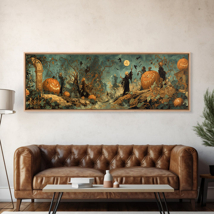 The Alien Pumpkin Patch, Ornate Symbolist Art, Extra Wide Wall Art, Dark Halloween Decor, Canvas Print, Halloween Wall Art