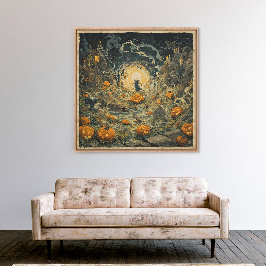 The Alien Pumpkin Patch, Symbolist Etching Art, Square Wall Art, Dark Fantasy Wall Art, Canvas Print, Halloween Wall Art