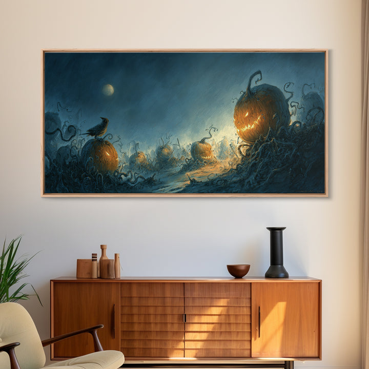 The Alien Pumpkin Patch, Expressionist Nightmare Art, Wide Panoramic Art, Macabre Wall Art, Framed Canvas Print, Halloween Wall Art