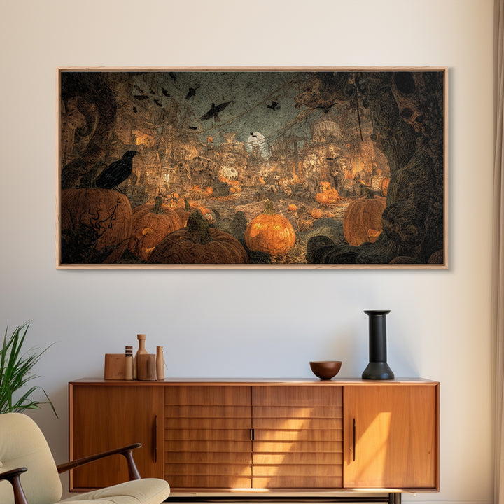The Alien Pumpkin Patch, Grotesque Carnival Art, Wide Panoramic Art, Gothic Horror Wall Art, Framed Canvas Print, Halloween Wall Art