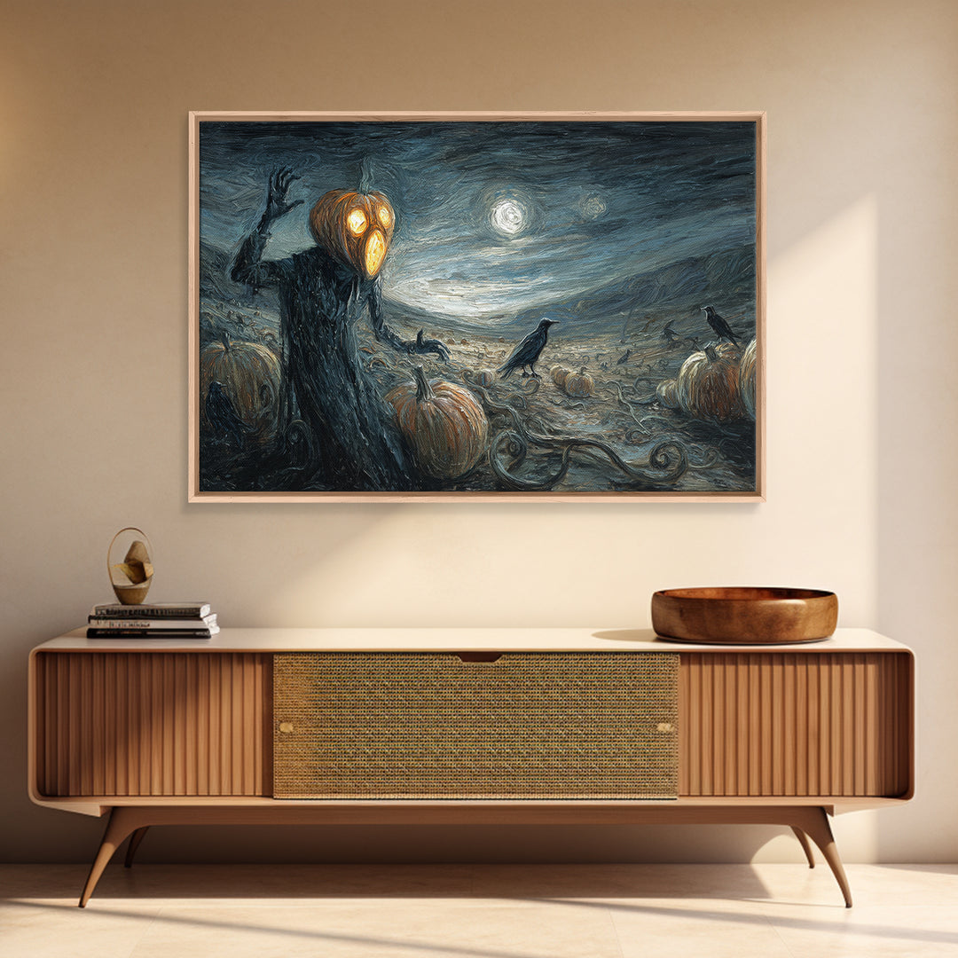 The Alien Pumpkin Patch, Expressionist Gothic Art, Landscape Wall Art, Dark Halloween Decor, Framed Canvas Print, Halloween Wall Art