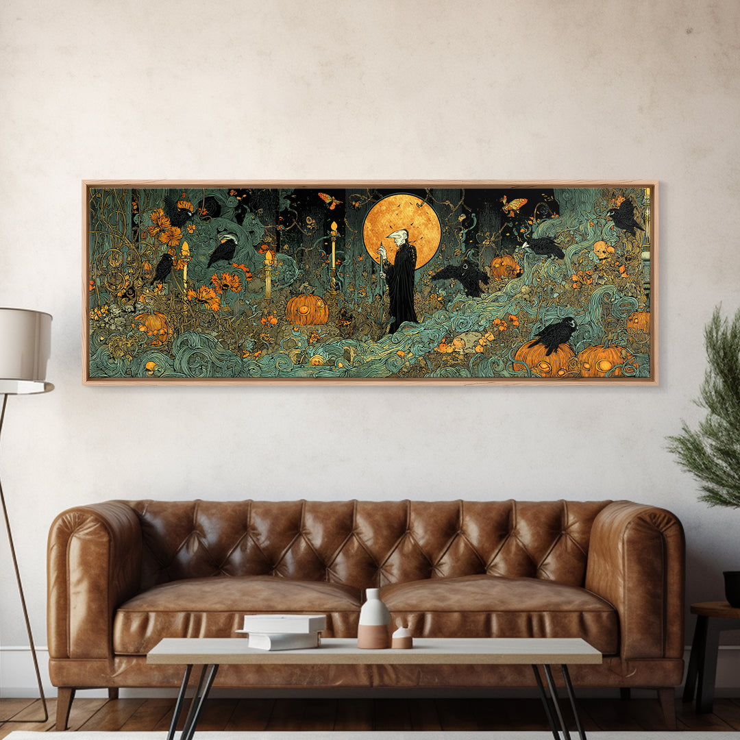 The Alien Pumpkin Patch, Stained Glass Gothic Art, Extra Wide Wall Art, Dark Fantasy Wall Art, Canvas Print, Halloween Wall Art
