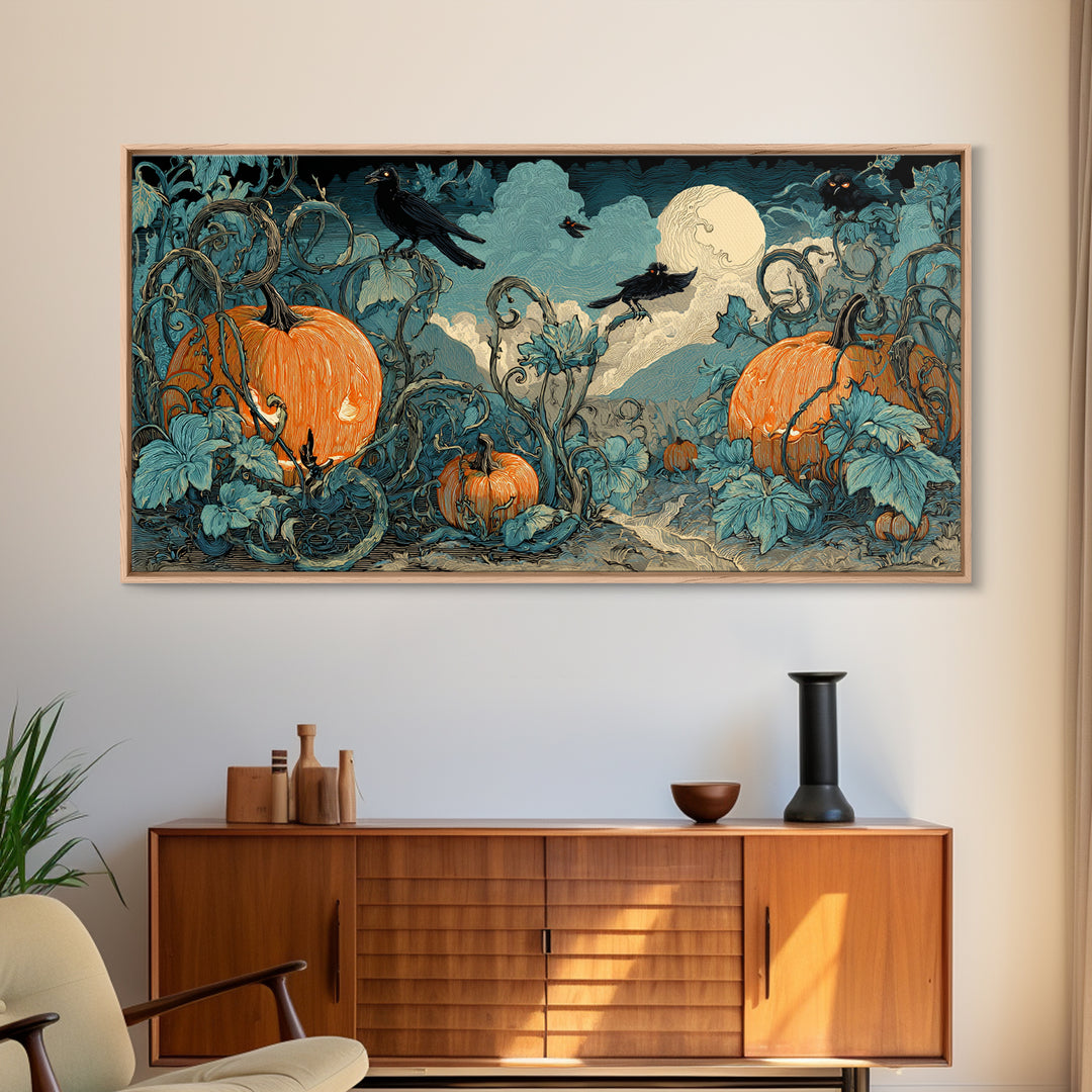 The Alien Pumpkin Patch, Macabre Folk Print Art, Wide Panoramic Art, Macabre Wall Art, Canvas Print, Halloween Wall Art